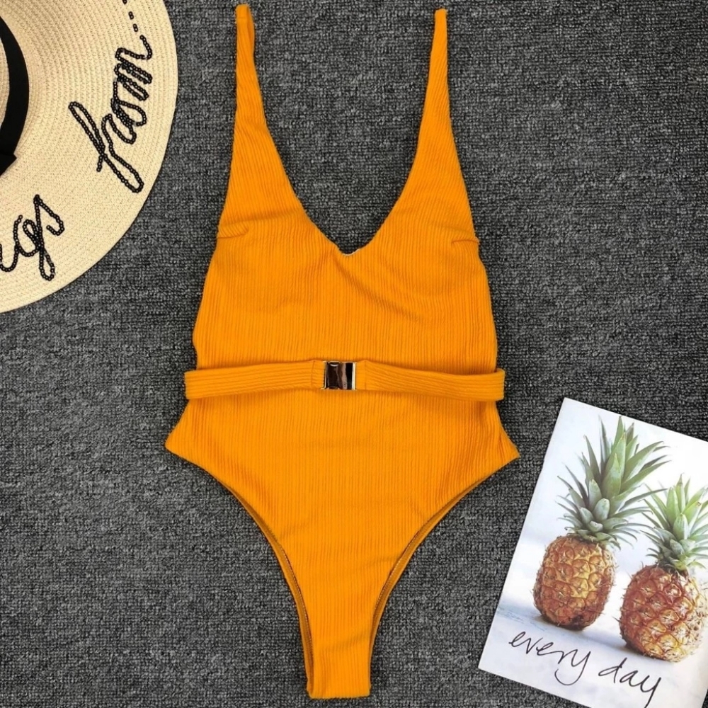 New Ribbed Deep V-neck Belted One Piece Swimsuit - Picture 6 of 7